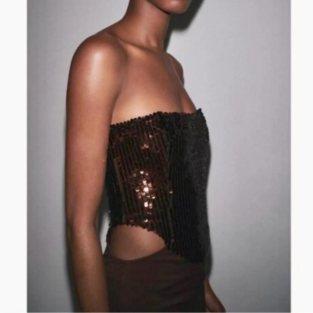 Zara sequin embellished brown Strapless cut out modern fit midi Dress size small - Picture 3 of 16